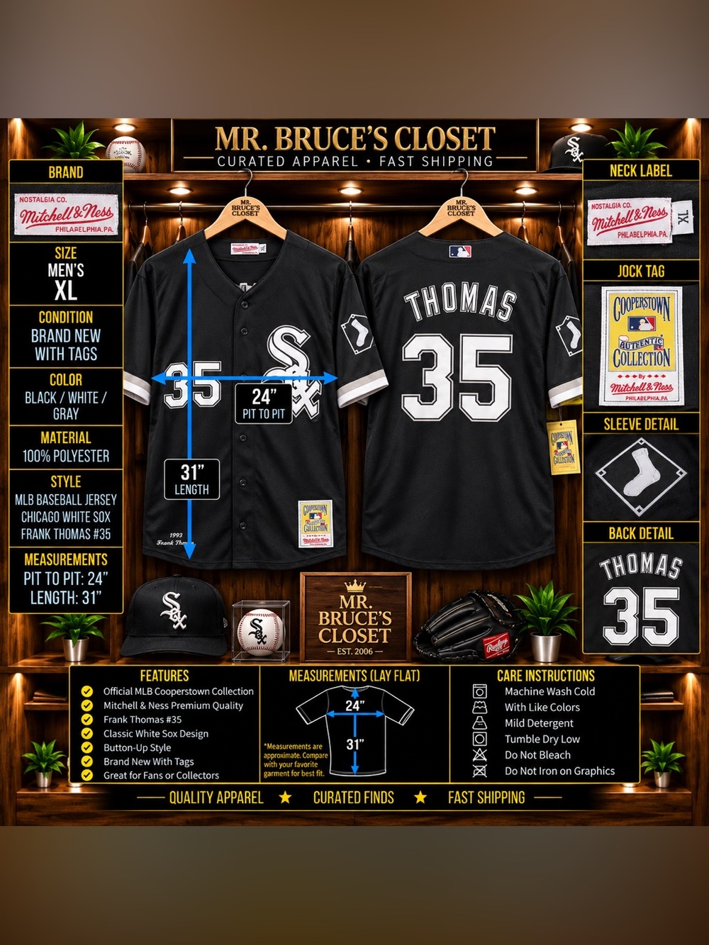 Mitchell & Ness Black Chicago White Sox #35 Thomas Baseball Jersey